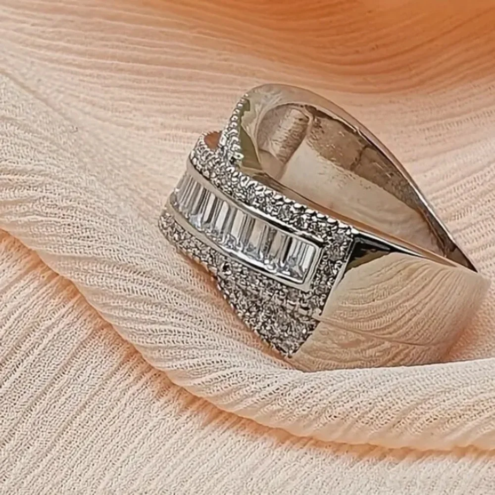 Baguette Cut Zirconia Large Silver Stainless Steel Criss Cross Cocktail Ring. - Picture 3 of 4